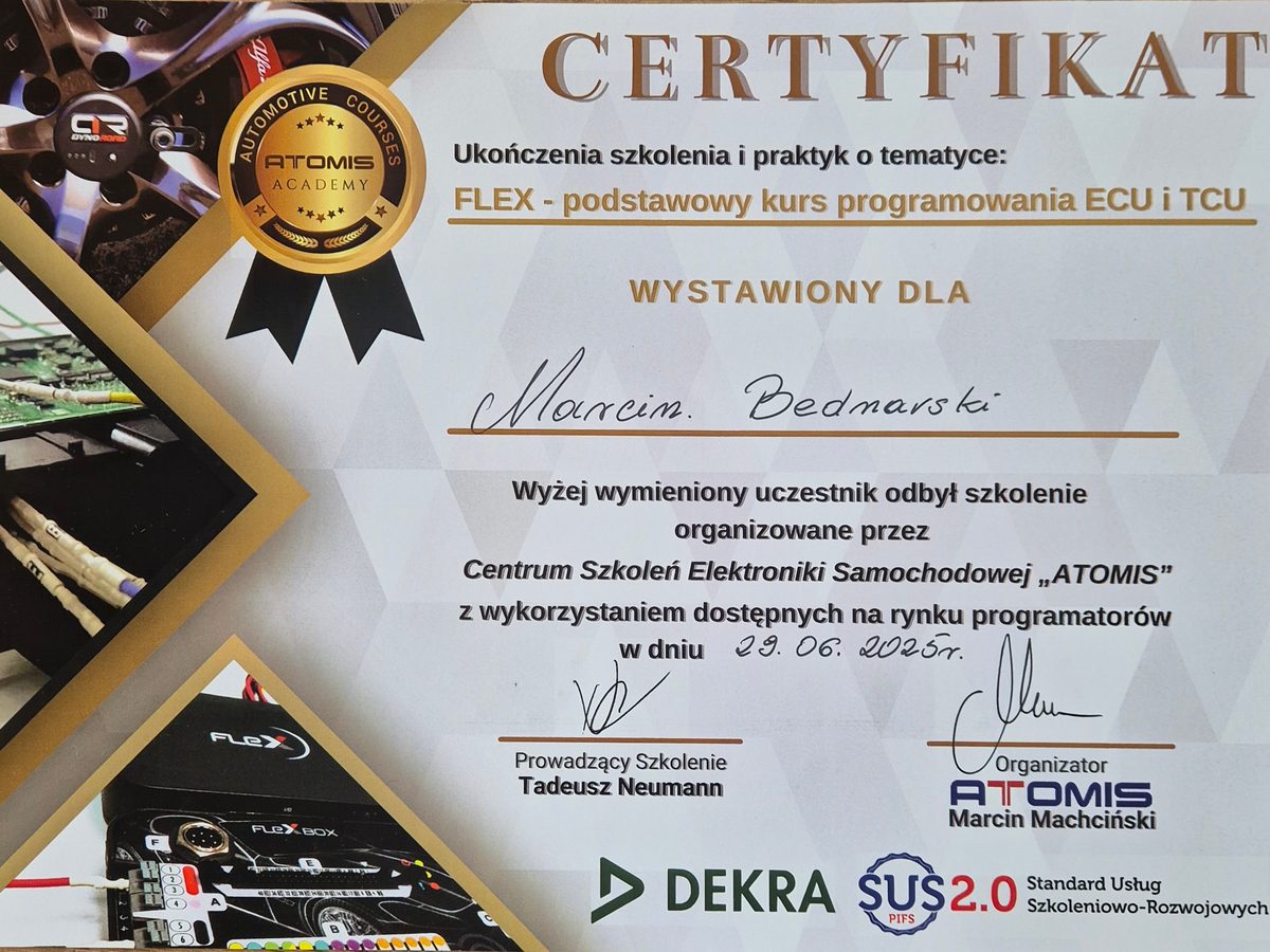 Certyfikat ukończenia kursu programowania ECU i TCU dla Marcina Bednarskiego